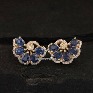 Orecchino a bottone con zaffiro blu naturale e diamante a taglio singolo, argento sterling 925, orecchino con zaffiro, bottone regalo per la festa della mamma, regalo per lei.