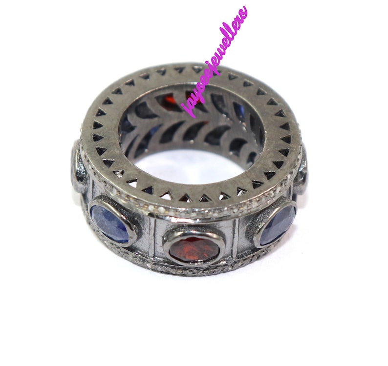 Vintage Handmade Designer Victorian Blue Sapphire /& Garnet And Rose Cut Diamond Round Shape Fine Anniversary Wedding Band Ring