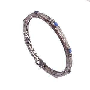 Natural Blue Sapphire & Pave Diamond Bangle, 925 Starling Silver Bangle, Handmade Designer Bangle, Victorian Jewelry For Wedding.