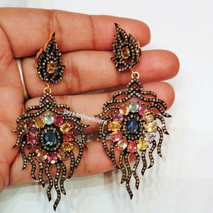Orecchini in stile vintage con diamanti e zaffiri: argento sterling 925
