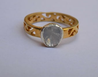 Handgemachter Victorian Rose Cut Polki Diamant Ring: Sterlingsilber vergoldet