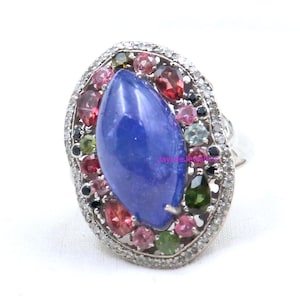 Natural Tanzanite Ring, Diamond Ring, Multi Tourmaline Gemstone Ring, Sterling Silver Jewelry, Diamond Silver Jewelry, Anniversary Gift