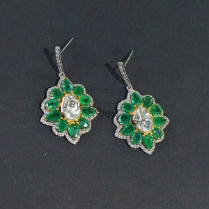 Handmade Polki Diamond & Emerald Earrings: Sterling Silver Bridal Jewelry
