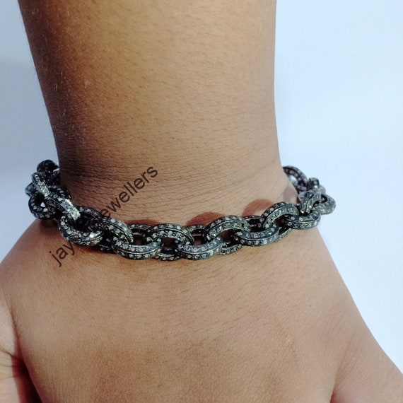 Handmade Sterling Silver Pave Diamond Oval Link Bracelet