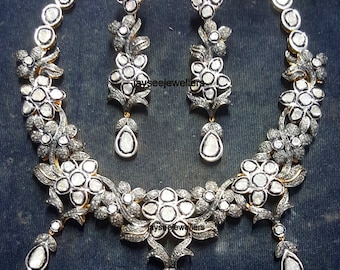Polki Diamond Necklace Set: Sterling Silver Pave Diamond, Vintage Wedding Jewelry