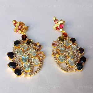 Blue Topaz Gemstone Sapphire Tourmaline Pave Diamond Earring, Handmade designer Earring, Dangal & Drop Earring 925 Sterling Silver.