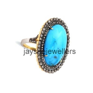 Natural Turquoise Diamond Ring: 925 Sterling Silver Victorian Style