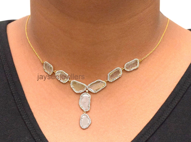 Natural Slice Polki Diamond Necklace Chain,925 Sterling Silver N Natural Slice Polki Diamond Necklace Chain,925 Sterling Silver N