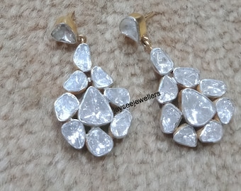 Natural Polki Diamond Earring, Polki Diamond 925 Sterling Silver Diamond Earring, Handmade Wedding Earring, Victorian Earring Gift For Her.