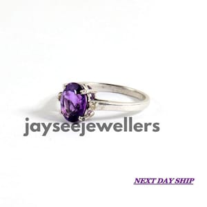 Amethyst Ring  Amethyst Engagement Ring in 925 Sterling Silver  Oval Cut Natural Amethyst Diamond Ring  February Birthstone  Promise Rings
