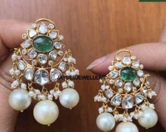Natural Emerald, Pearl Gemstone Rose Cut Polki Pave Diamond Earring, Handmade Designer Earring, 925 Sterling Silver, Engagement Earring.
