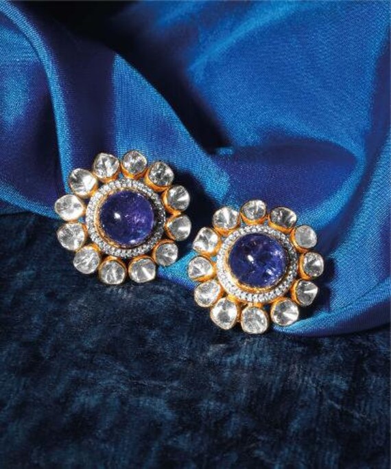 Polki Diamond Tanzanite Stud Earrings: 925 Sterling Silver Victorian Jewelry