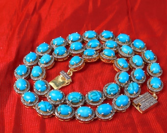Natural Turquoise & Pave Diamond Necklace: 925 Sterling Silver