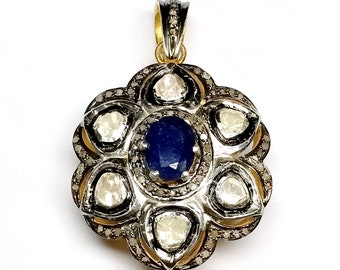 Blauer Saphir-Rosenschliff-Diamant-Anhänger mit Pave-Diamant-Sterlingsilber-Anhänger Schöne handgemachte Design-Schmucksachen viktorianischer Weinlese-Anhänger