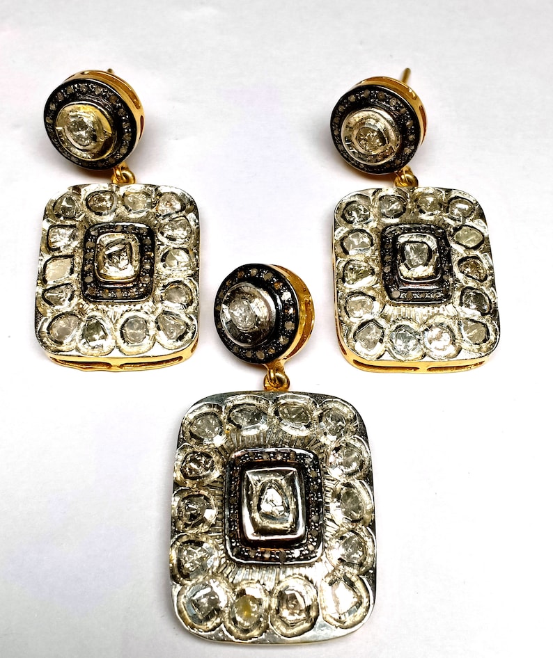 Rose Cut Diamond Set 925 Sterling Silver Beautiful Design Jewelry Set For Gift Ring Pendant Earring