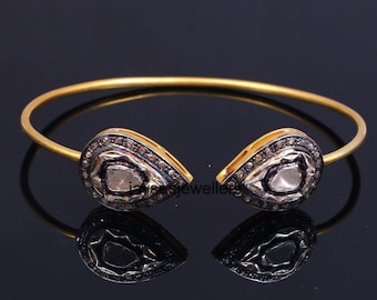 Viktorianischer 14K Gold Rose Cut Polki Armreif Handgefertigte 925 Sterling Silber Feine Qualität Sehr einfach aussehender Armreif Vintage Design.