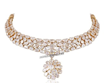 Real Polki Diamond Necklace Set: Handmade 925 Sterling Silver Jewelry