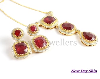Red Ruby Diamond Necklace Set: Sterling Silver Wedding Jewelry