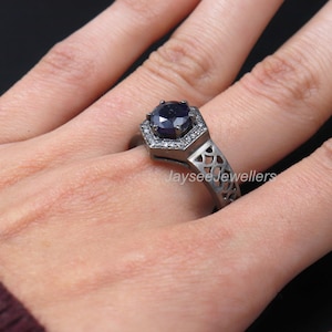 Blue Sapphire Ring, Vintage Sterling Silver Diamond Engagement Ring, Unique Anniversary Ring, September Birthstone, Birthday Gift For Her