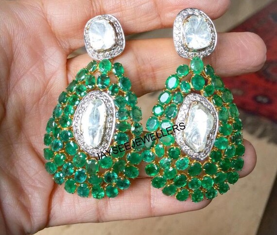 Natural Polki Diamond Pave Diamond Emerald Earring Polki | Etsy