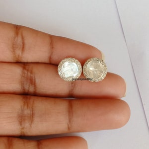 1 paar Polki diamanten stekeroorbellen Rosecut Diamond 925 sterlingzilveren afwerking Handgemaakte ronde diamantschijf zetting oorbel Woman's Day Stud