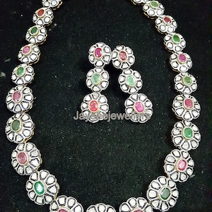 Polki Diamond Jewelry Polki Diamond Necklace Natural Emerald & Ruby Necklace 925 Sterling Silver Necklace Set Vintage Necklace Wedding Gift