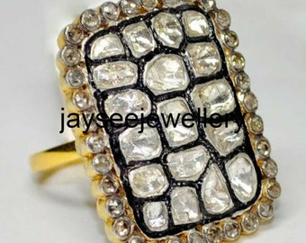 Polki Ring: Diamant im Rosenschliff, Bandring aus 925 Sterling Silber