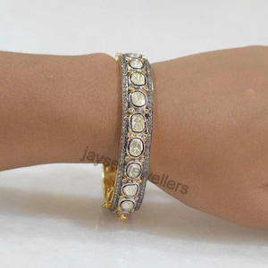 Polki Bangle, Polki Diamond Bracelet, 925 Sterling Silver Polki Diamond Bangle, Handmade Bangle, Victorian Jewelry Gift For Her On Sale.
