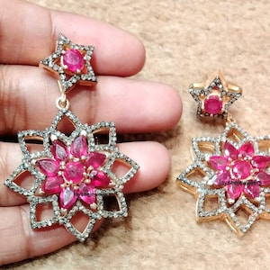 Ruby Diamond Dangle Earring, Pave Diamond Ruby Earring, Ruby Earring Minimalist Jewelry Gift For Her, 925 Sterling Silver Free Shipping.