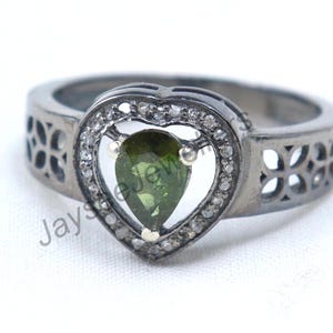 Green Tourmaline Ring: Sterling Silver, Pave Diamond Heart
