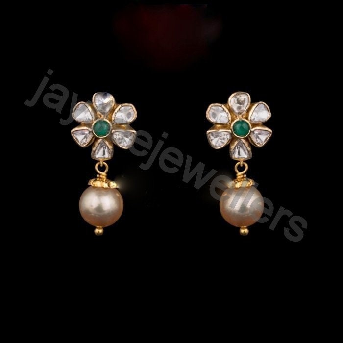 Polki Diamond Dangle Earring Polki Earring Emerald & Pearl Gems Earring Handmade Victorian Design  Wedding Gift Jewelry Free Shipping
