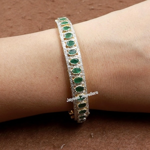 Emerald Bangle, Pave Diamond Bangle, 925 Sterling Silver, Emerald Gemstone Bracelet, Ethnic Bangle Jewelry, Gift For Her, On Sale
