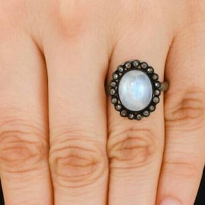 Real Moonstone Gemstone Ring, Natural Pave Diamond Ring, Victorian Handmade Fine Ring, 925 Sterling Silver Anniversary Gift Ring Jewelry.