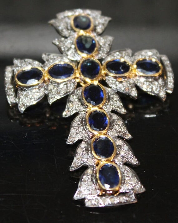 Sapphire Cross Pendant: Sterling Silver Diamond Antique Pendant