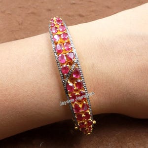 Ruby Gemstone Bangle, Pave Diamond Bracelet, Gemstone Silver Jewelry, Ruby Gemstone Bangle, 925 Sterling Silver Bracelet Gold Plated Jewelry