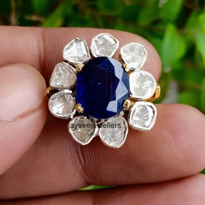 Polki Diamond & Blue Sapphire Ring, Diamond Ring 925 Sterling Silver, Victorian Antique Style Ring, Engagement Gift Jewelry Free Shipping.