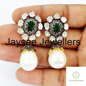 Handmade Victorian Polki Diamond Dangle Earrings: Emerald, Pearl, 925 Sterling Silver