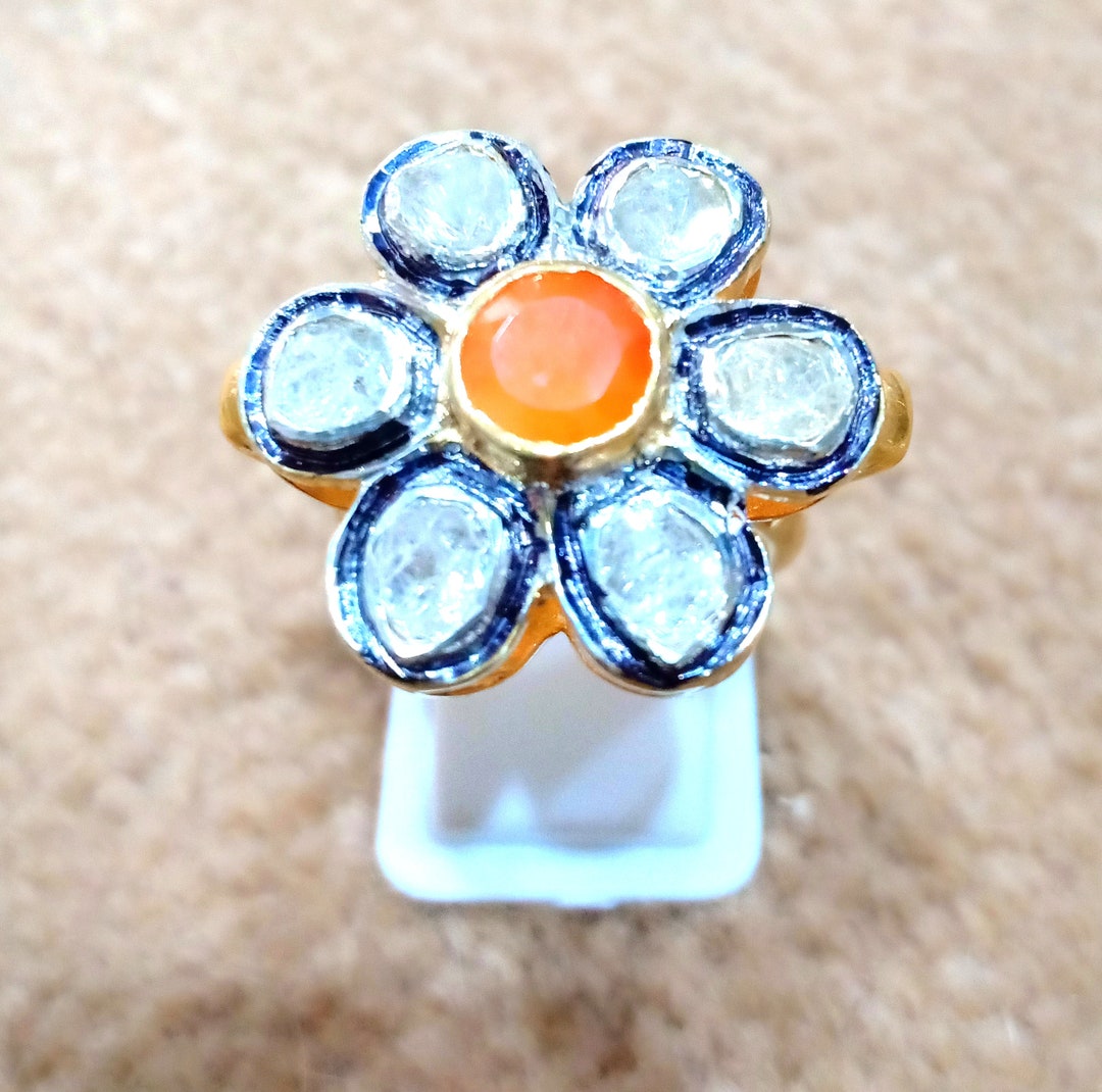 Flower Shape Ring Rose Cut Diamond Ring 925 Sterling Silver Ring