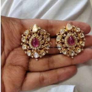 Polki Diamond Ruby Earring, Polki Diamond Stud-sieraden Natuurlijke Ruby Diamond Earring, 925 sterlingzilver goud vermeil geschenksieraden.