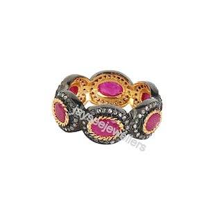 Handgjord rubin sterlingsilver alliansring: Diamanter och safirer