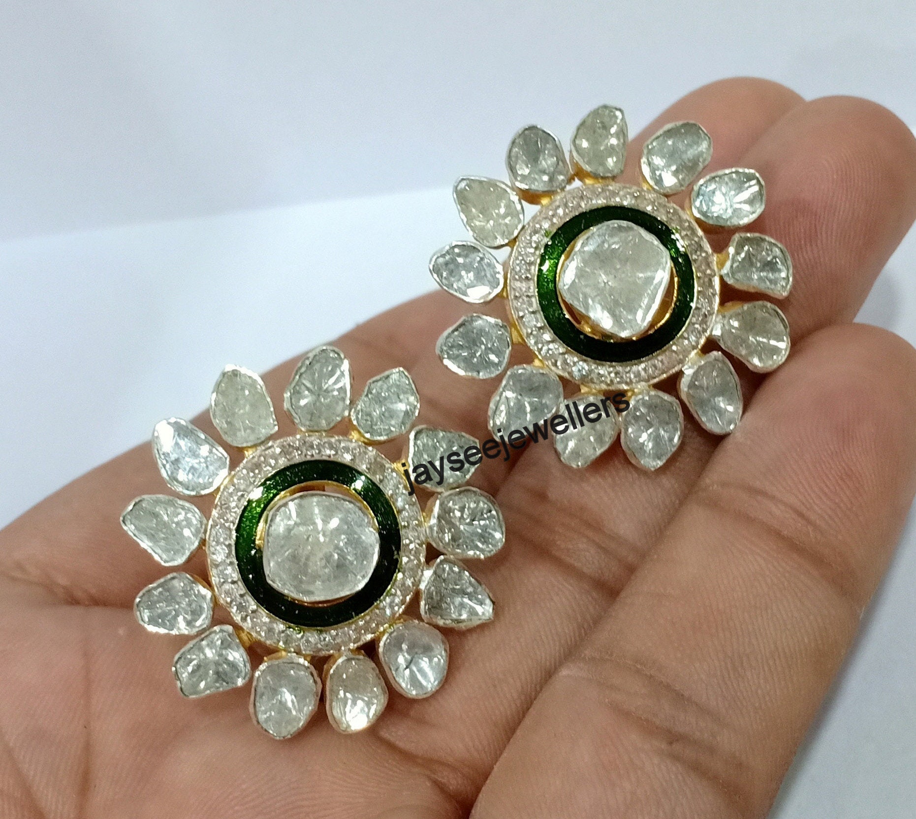 Polki Earring Polki Diamond Stud Earrings 925 Sterling Silver Etsy UK