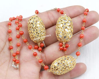 Conjunto de collar con rebanadas de diamantes Polki: joyería de plata 925 con cuentas naranjas