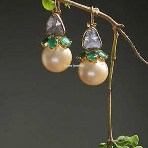 Emerald & Pearl Dangle Earrings: Victorian Polki Diamond, Sterling Silver