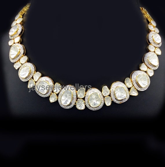 Diamond Necklace Natural Uncut Diamond Polki Rose Cut Diamond 925 Sterling Silver Victorian Vintage Fine Handmade Necklace Jewelry On Sale