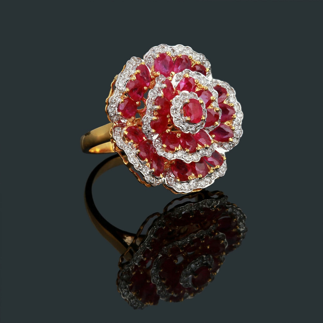 Genuine Flower Ruby Diamond Ring, Pave Diamond Natural Ruby Ring ...