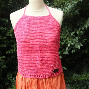 Top crocheted crochet top strawberry pink ready to ship top crocheted bustier women&#39;s fashion finished product handcraft summer fashion triangle top