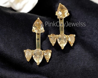 Citrine Ear Jacket Earrings/november Birthstone Jewelry  925 Sterling Silver Diamond & Citrine Nov. Birthstone Earring Jacket 11 x 11 mm display picture 1