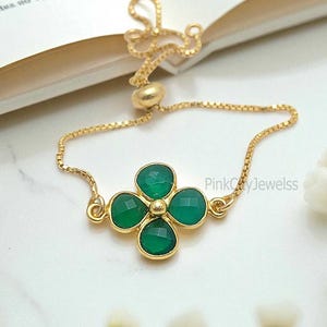 Green Onyx Clover Bracelet-925 Sterling Silver Rubber Stopper Bracelet-Four Leaf Sliding Adjustable Bracelet-Good Luck Gift-Selling By Piece