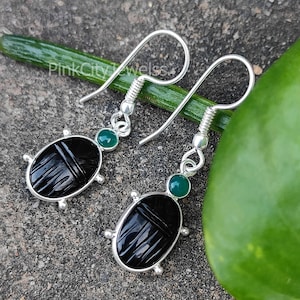 Black Onyx Ladybug Earring - Ladybug Handcarved Stone Earring - Silver Ear Wire Earring - Insect Earring - Halloween Gift - Selling Per Pair