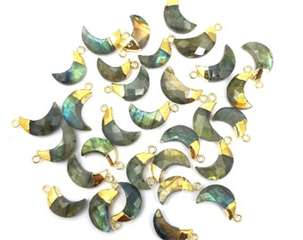 1 Pcs - Faceted Labradorite Gemstone Crescent Moon Charms  - Gold Electroplated Charm - Gemstone Charm